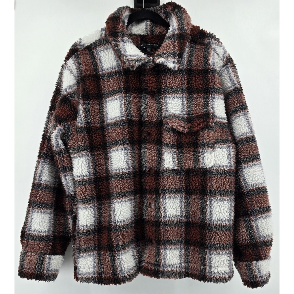No Boundaries Sherpa Jacket Men's M Brown Plaid‎ Unisex Snap Up Pockets Fluffy